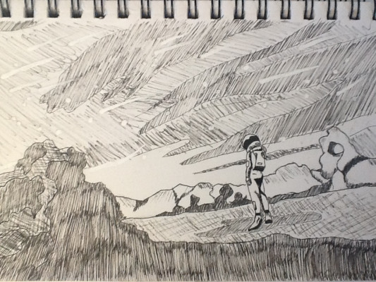 Traditional ink drawing of a landscape featuring an astronaut.